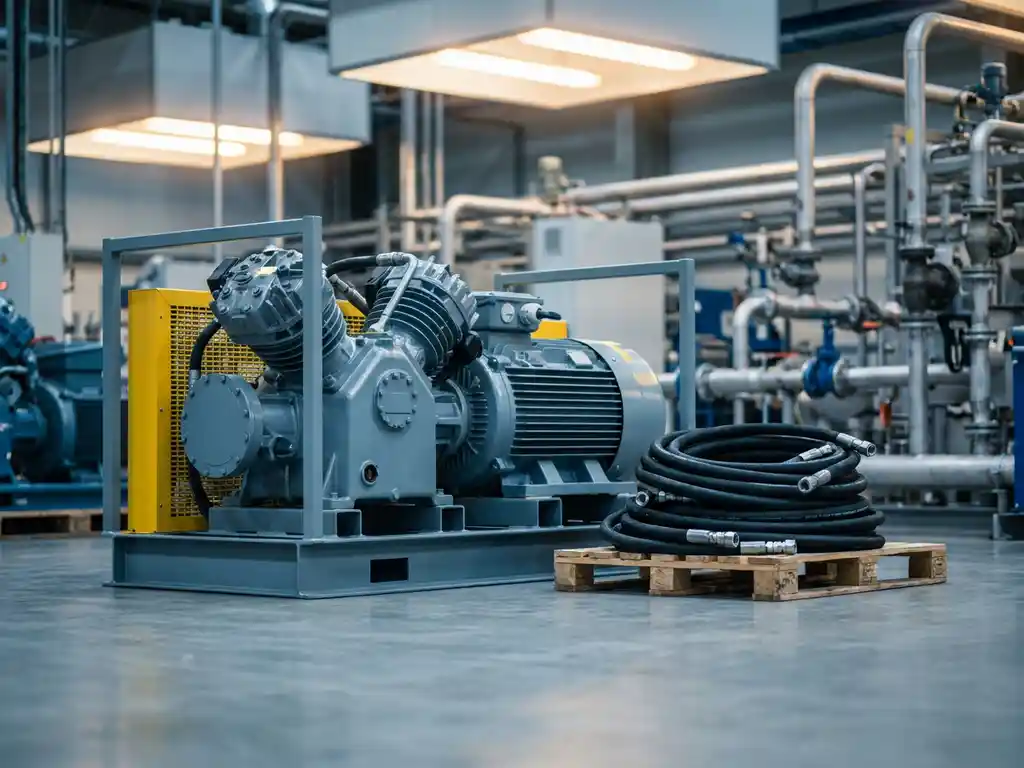 Industrieller Mietkompressor auf Fabrikboden mit aufgerollten Hochdruckschläuchen, Stahlrohren und Maschinen im Hintergrund.
