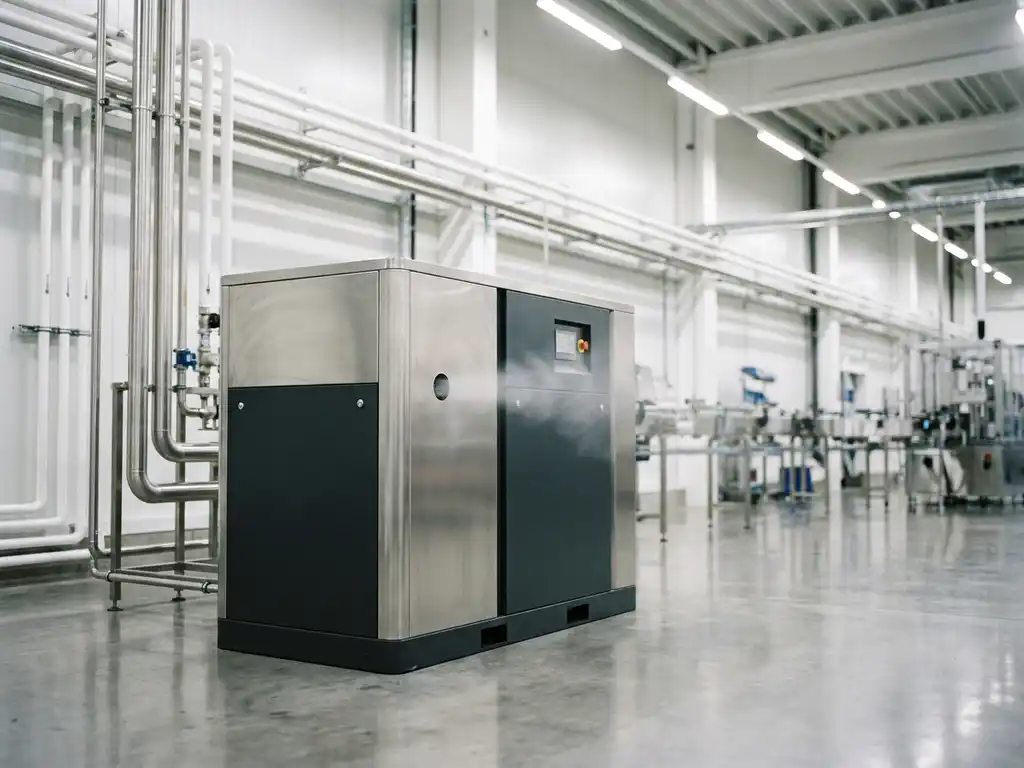 Ölfreier Industrie-Druckluftkompressor auf Fabrikboden mit Edelstahlrohren und sichtbarem Druckluftstrahl in moderner Produktionsanlage.