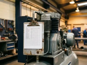 Abgenutztes Metallklemmbrett mit Qualitätscheckliste vor einer Druckluftanlage in einer aufgeräumten Fabrikhalle.