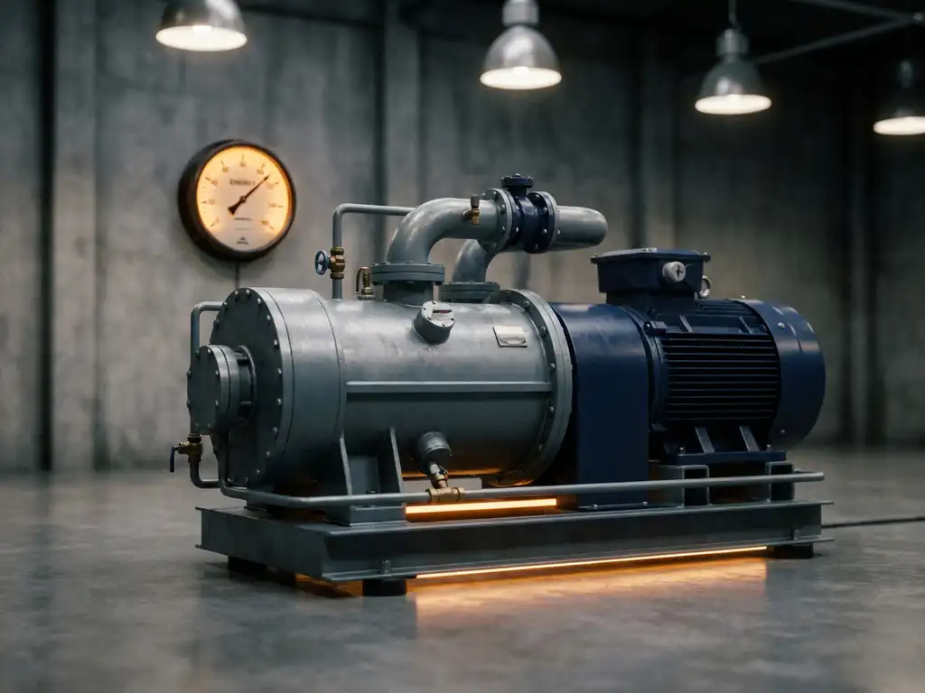 Industrieller Schraubenkompressor auf Fabrikboden mit analogem Energiemesser an der Wand im Hintergrund.