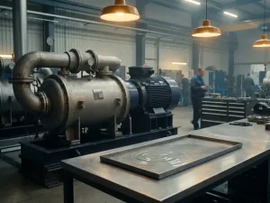 Industrieller Schraubenkompressor in einer sauberen Fabrikhalle mit sichtbaren Schallwellen als Wasserreflexionen auf Metalloberfläche.