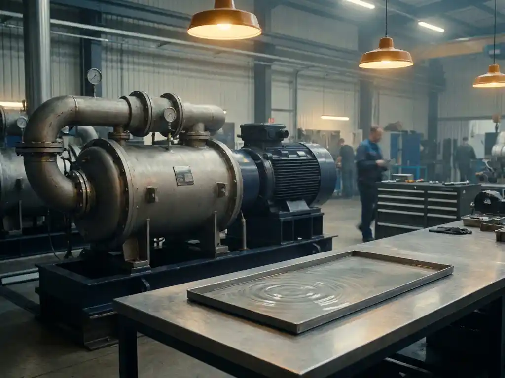 Industrieller Schraubenkompressor in einer sauberen Fabrikhalle mit sichtbaren Schallwellen als Wasserreflexionen auf Metalloberfläche.