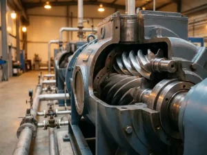 Industrieller Schraubenkompressor mit freiliegenden Doppelschraubenrotoren im Gehäuseschnitt, montiert auf Fabrikboden aus Gusseisen und Stahl.
