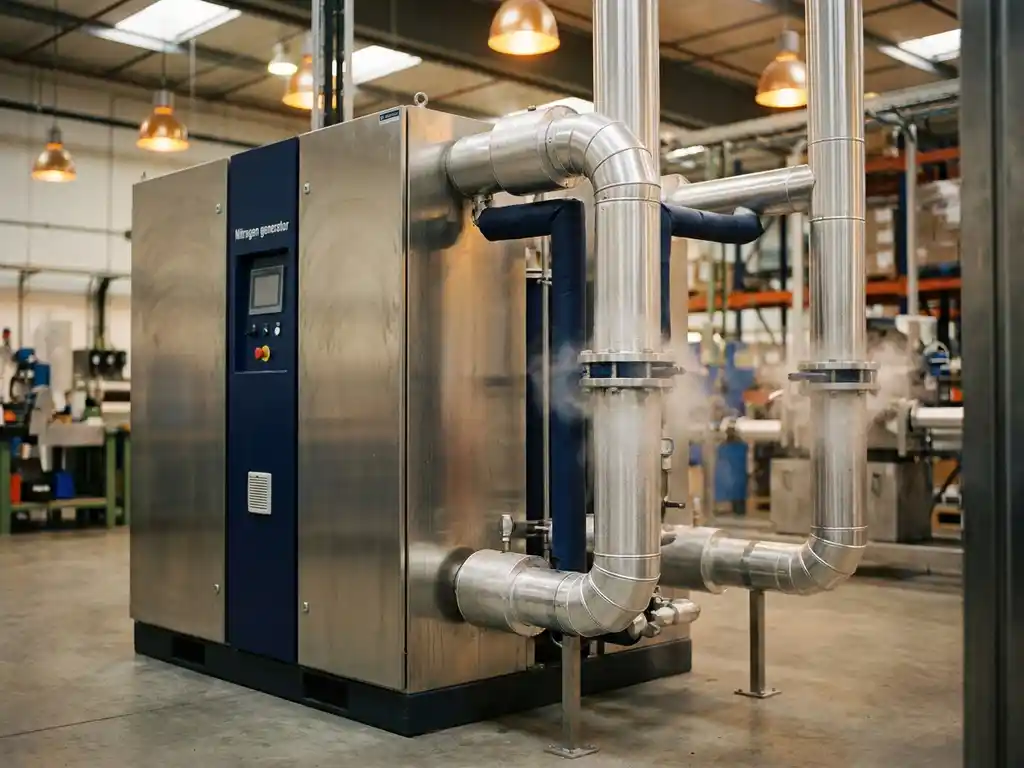 Edelstahl-Stickstoffgenerator in einer Industrieanlage mit isolierten Rohren, Kondensationsnebel und warmem Werkstattlicht.