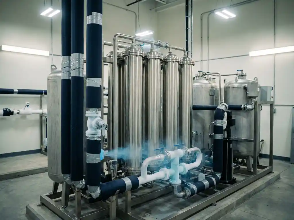Stickstoffgeneratoranlage mit Stahlmembranmodulen und Druckbehältern in einer sauberen Industrieanlage.