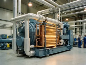 Industriekompressor mit Wärmerückgewinnungssystem, leuchtend orange Wärmetauscher und isolierte Rohrleitungen in moderner Fabrikhalle.