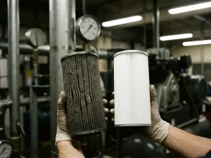 Verschmutztes Druckluftfilterelement mit grauem Staubbelag neben neuem weißen Ersatzfilter, industrieller Kompressorraum im Hintergrund.