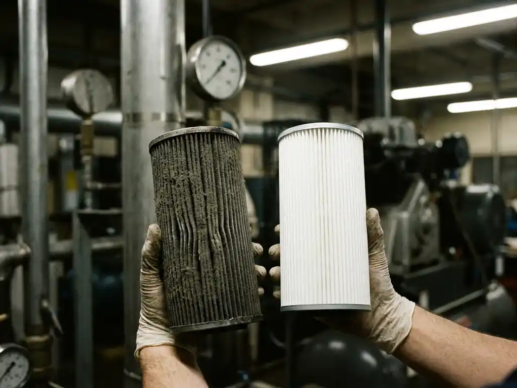 Verschmutztes Druckluftfilterelement mit grauem Staubbelag neben neuem weißen Ersatzfilter, industrieller Kompressorraum im Hintergrund.