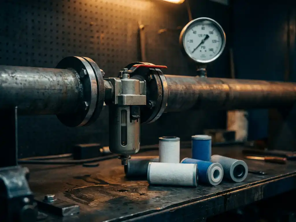 Druckluftfiltereinheit an Industrierohr, umgeben von Filterpatronen verschiedener Stufen auf Werkbank, Manometer im Hintergrund.