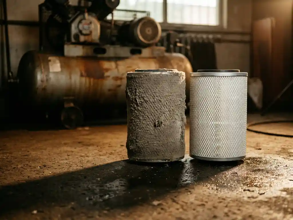 Stark verschmutzter Druckluftfilter mit grauem Staub neben sauberem Ersatzfilter auf Werkstattboden, Kompressor im Hintergrund.
