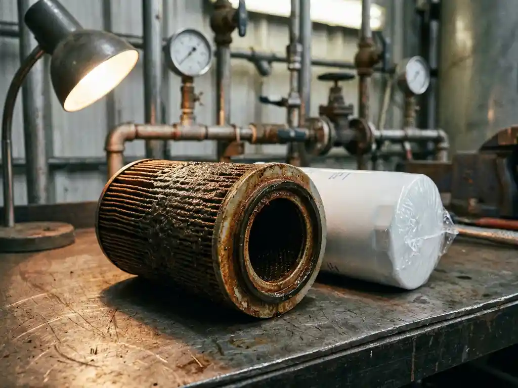 Verschmutztes Druckluftfilterelement mit Rostablagerungen neben neuem Ersatzfilter auf Metallwerkbank, Industriehintergrund.