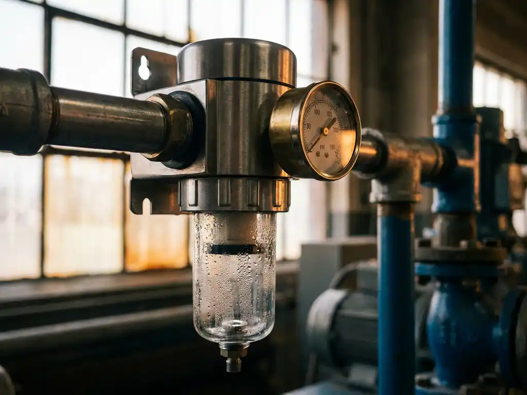 Druckluftfilter aus Edelstahl mit Glasschüssel und Wasserabscheider an industrieller Rohrleitung, Manometer im Werkstattlicht.