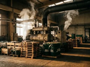 Industriekompressor auf Fabrikboden mit aufsteigendem Dampf, Abluftkanal und gestapelten Rohstoffpaletten, symbolisiert Scope-1-, -2- und -3-Emissionen.