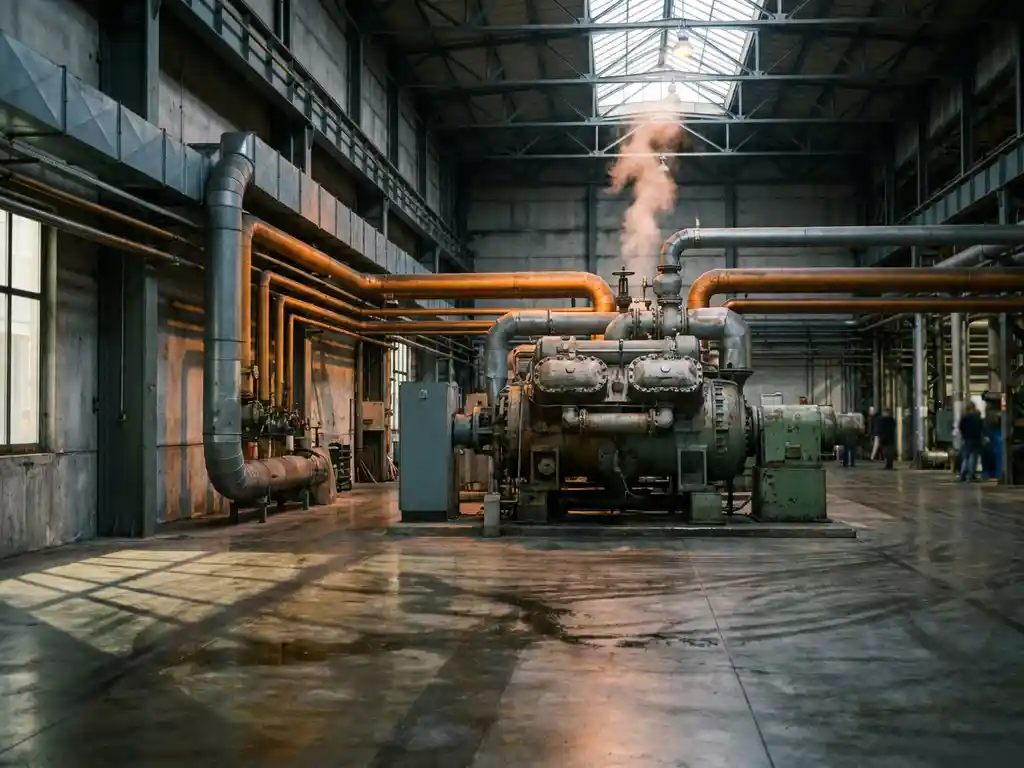 Industriekompressor in Fabrikhalle mit Dampfwolke, Bernstein-Energieleitungen und grauem Kanalsystem im dramatischen Seitenlicht.