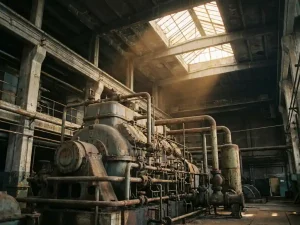 Industrieller Kompressor mit Stahlrohren in dunkler Fabrikhalle, goldenes Licht durch schmutziges Oberlicht auf rostige Maschinen.