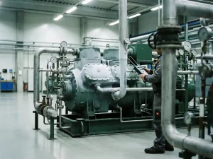 Techniker misst Druckwerte an einer Industriekompressoranlage mit Rohrleitungen und Manometern in einer Fabrikhalle.