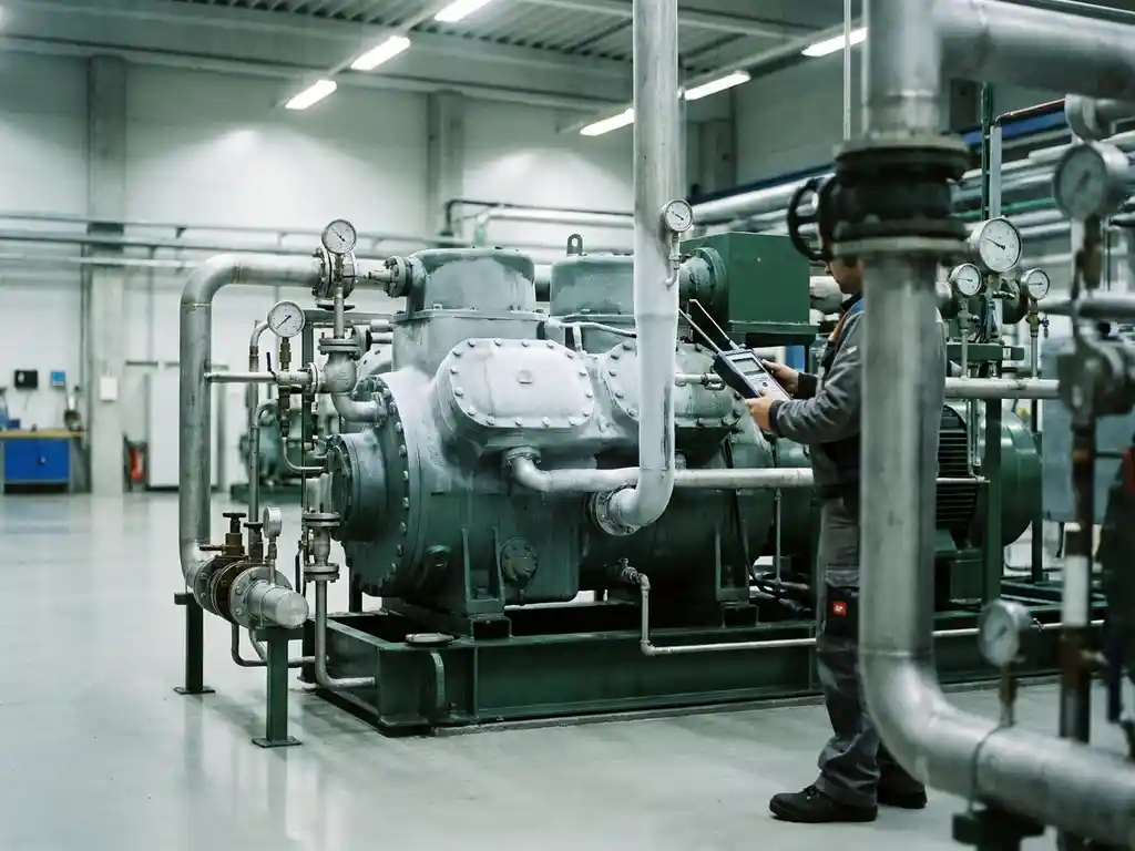 Techniker misst Druckwerte an einer Industriekompressoranlage mit Rohrleitungen und Manometern in einer Fabrikhalle.