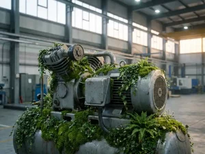 Industrieller Luftkompressor mit üppigem grünem Moos und Pflanzen am Stahlgehäuse in moderner Fabrikhalle mit Tageslicht.