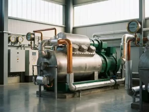 Industriekompressor mit Wärmerückgewinnungsleitungen in kupferwarmen Tönen, umgeben von isolierten Stahlrohren und Energiezählern in moderner Fabrikhalle.
