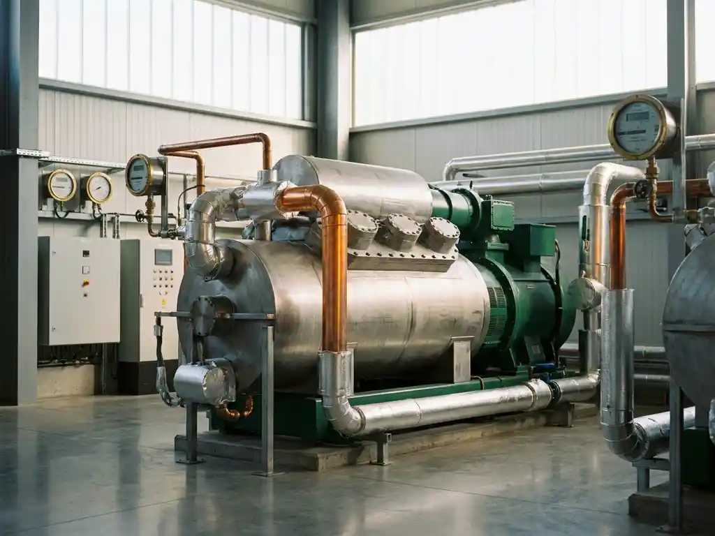 Industriekompressor mit Wärmerückgewinnungsleitungen in kupferwarmen Tönen, umgeben von isolierten Stahlrohren und Energiezählern in moderner Fabrikhalle.