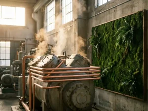 Industriekompressor mit Kupfer-Wärmerückgewinnungsrohren, aufsteigendem Dampf und grünem Moospaneel in heller Fabrikhalle.