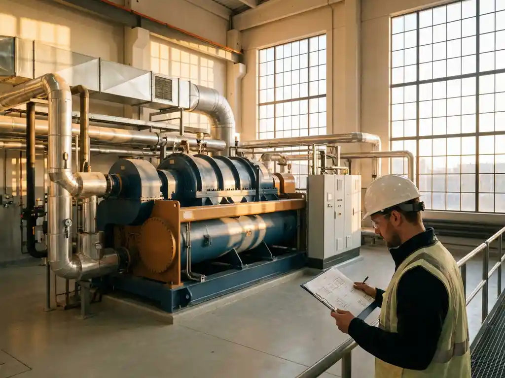 Industrielle Wärmepumpenanlage in einer Fabrikhalle mit isolierten Stahlrohren, Ingenieur mit Schutzhelm prüft Dokumentation im Hintergrund.