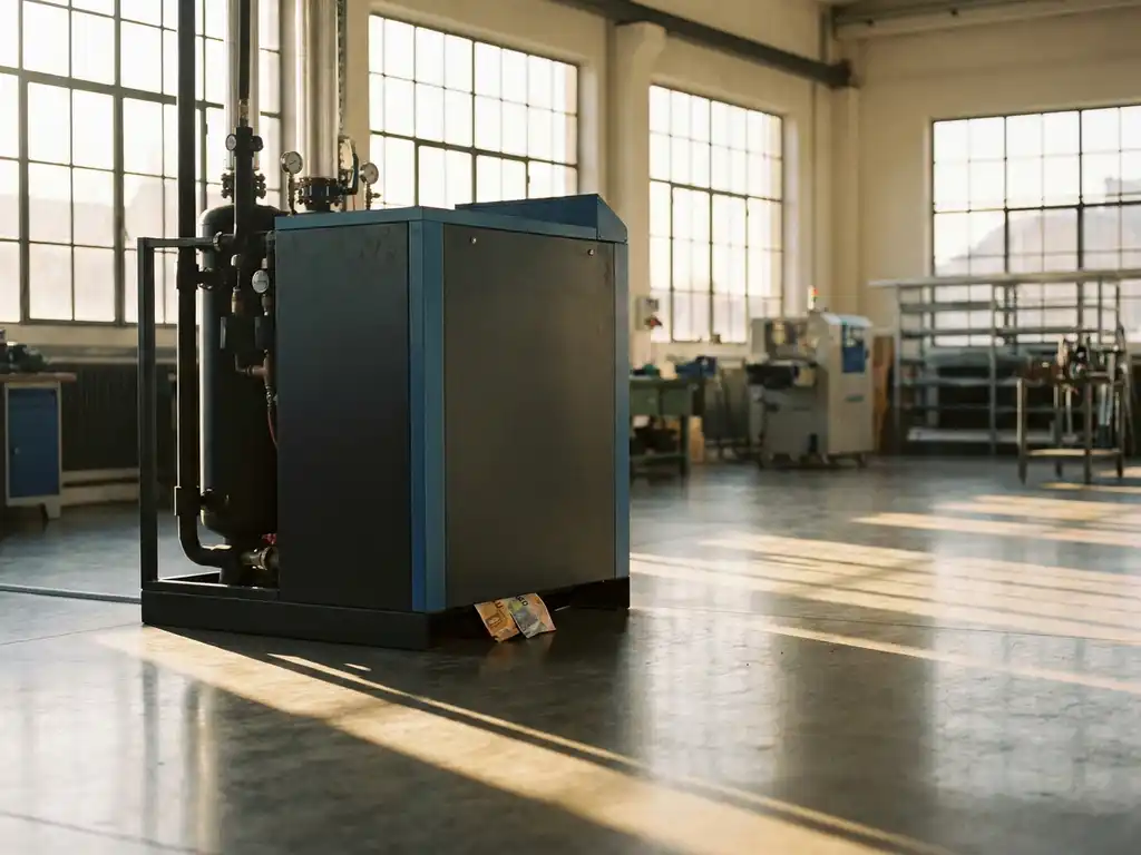 Industrielle Wärmepumpe in Fabrikhalle mit Euroscheinen darunter, symbolisiert Return on Investment bei industrieller Wärmeversorgung.
