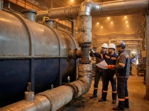 Industrielle Wärmepumpe wird von Ingenieuren mit Schutzhelmen in eine Rohranlage einer Fabrik integriert.