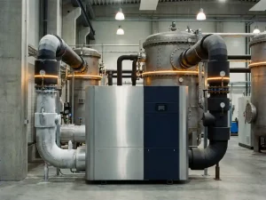 Industrielle Wärmepumpe mit vereisten Kühl- und Warmwasserrohren verbunden mit Stahlmaschinen in moderner Fabrikhalle.