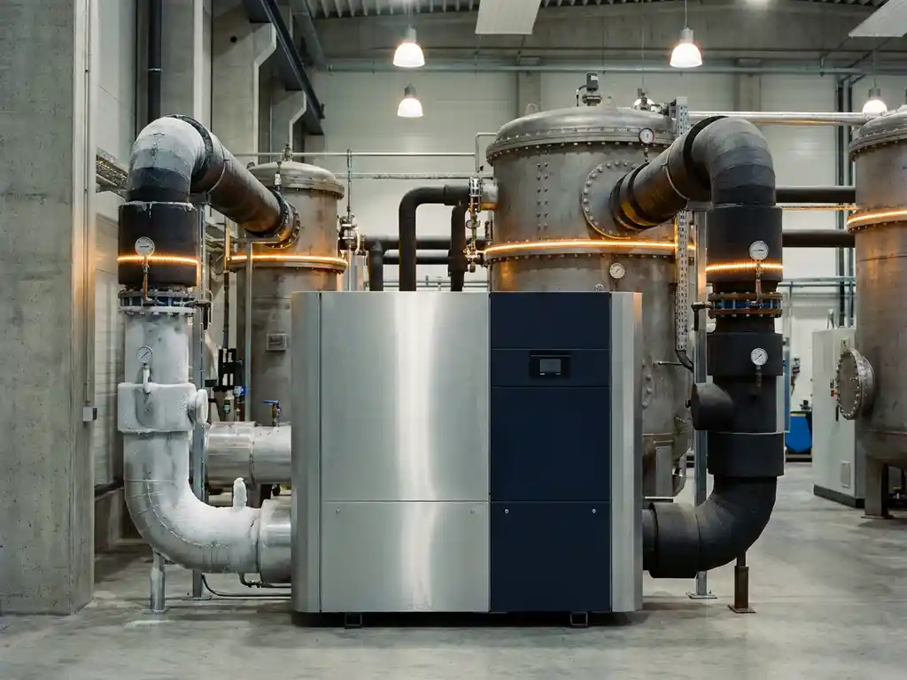Industrielle Wärmepumpe mit vereisten Kühl- und Warmwasserrohren verbunden mit Stahlmaschinen in moderner Fabrikhalle.