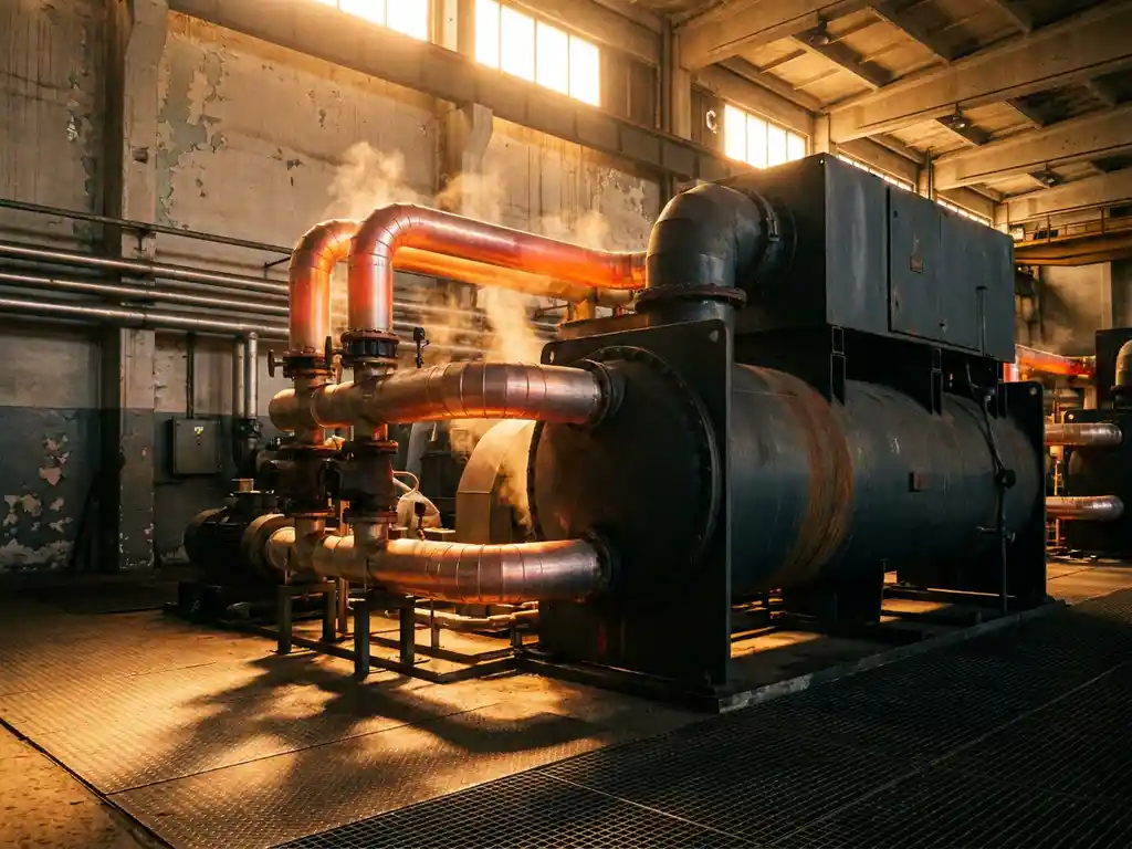 Industrielle Großwärmepumpe auf Fabrikboden mit isolierten Rohren, Wärmeschleier über Stahlverteiler und dramatischem Gegenlicht.