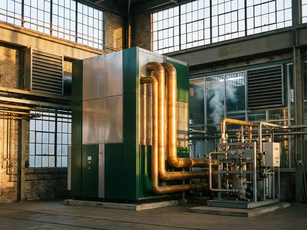 Industrielle Wärmepumpe in moderner Fabrikhalle mit wärmerückgewinnenden Rohrleitungen und reduziertem Dampfausstoß im Goldstundenlicht.