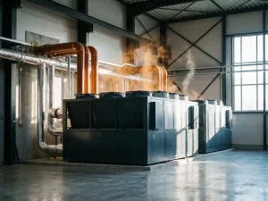 Industrielle Wärmepumpe in einer Fabrikhalle mit Stahlrohren, Wärmeschimmer und dramatischen Schatten in Kupfer- und Stahltönen.