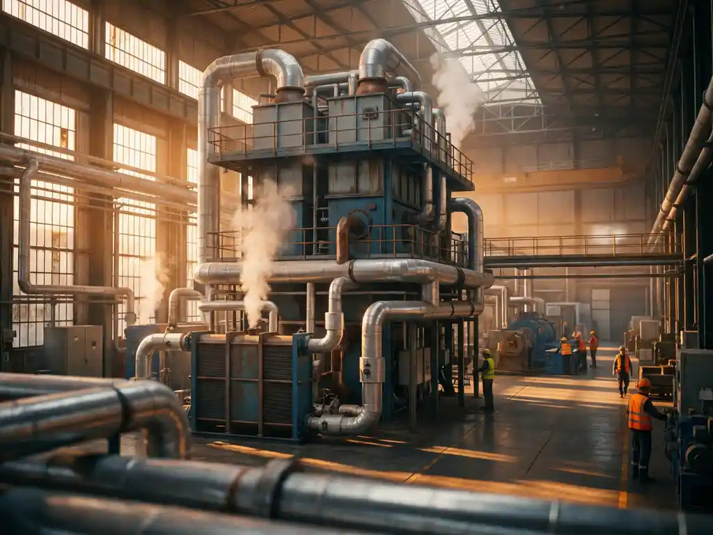 Industrielle Großwärmepumpe in einer Fabrikhalle mit Stahlrohren, Dämmkanälen und Arbeitern in Sicherheitswesten im Hintergrund.
