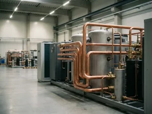 Industrielle Wärmepumpe mit polierten Kupferrohren und isolierten Stahlkomponenten in einer modernen Fabrikhalle.