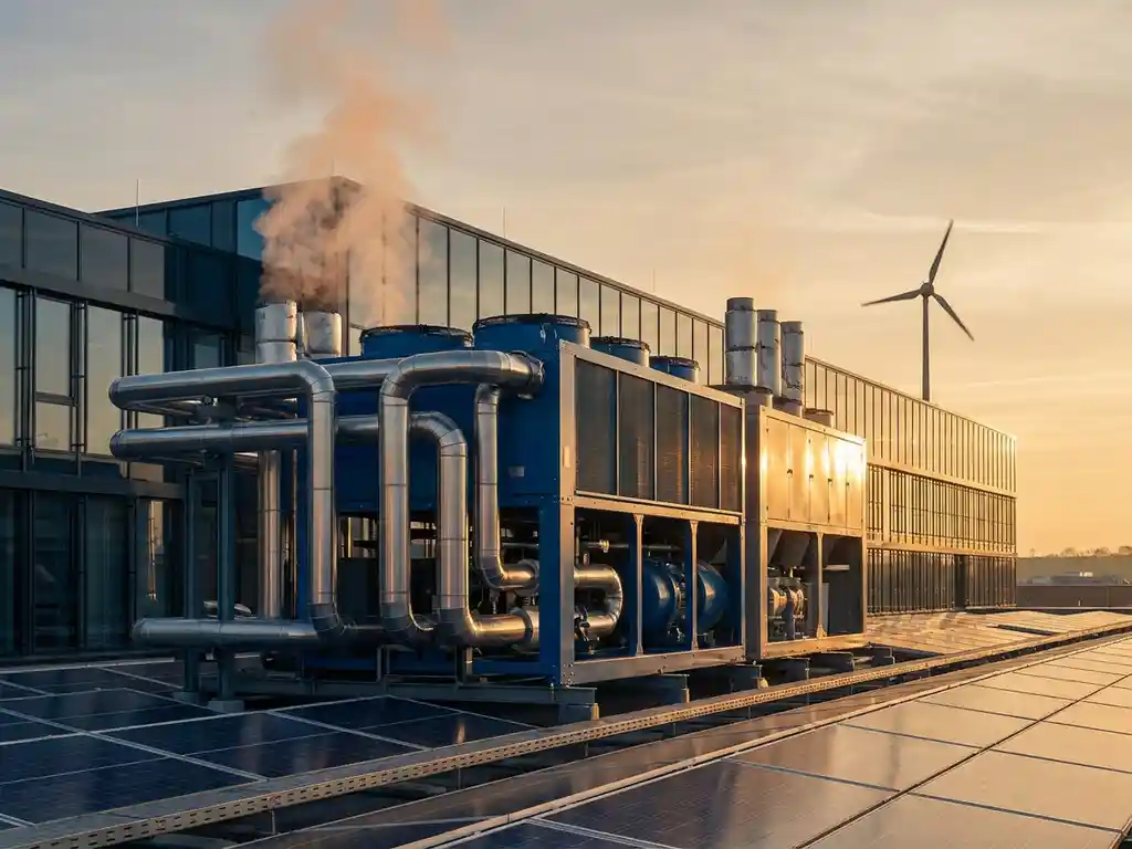 Industrielle Wärmepumpe an moderner Fabrikfassade mit Solarpanelen und Windturbine im Hintergrund, goldenes Sonnenlicht auf Stahloberflächen.
