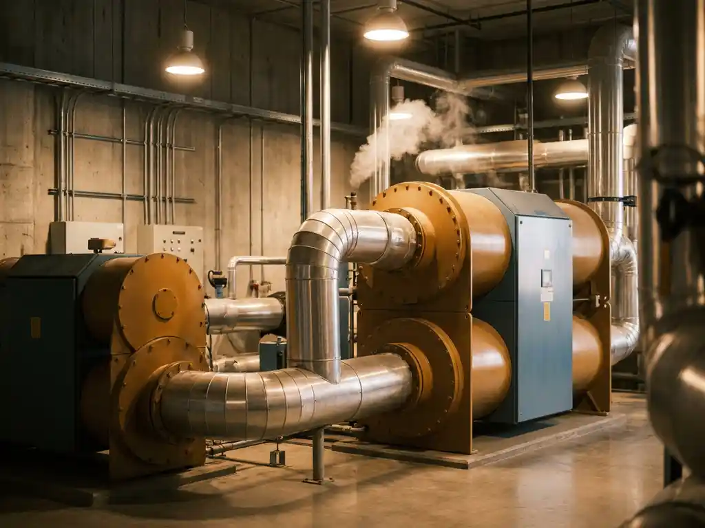 Zwei industrielle Wärmepumpen in Reihe geschaltet, verbunden durch isolierte Stahlrohre in einem modernen Fabrik-Technikraum.