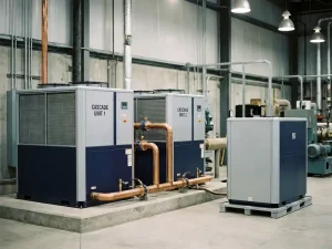 Zwei Industrie-Wärmepumpen in Kaskadenschaltung mit Kupferrohren in einem Maschinenraum, dritte Einzeleinheit daneben.