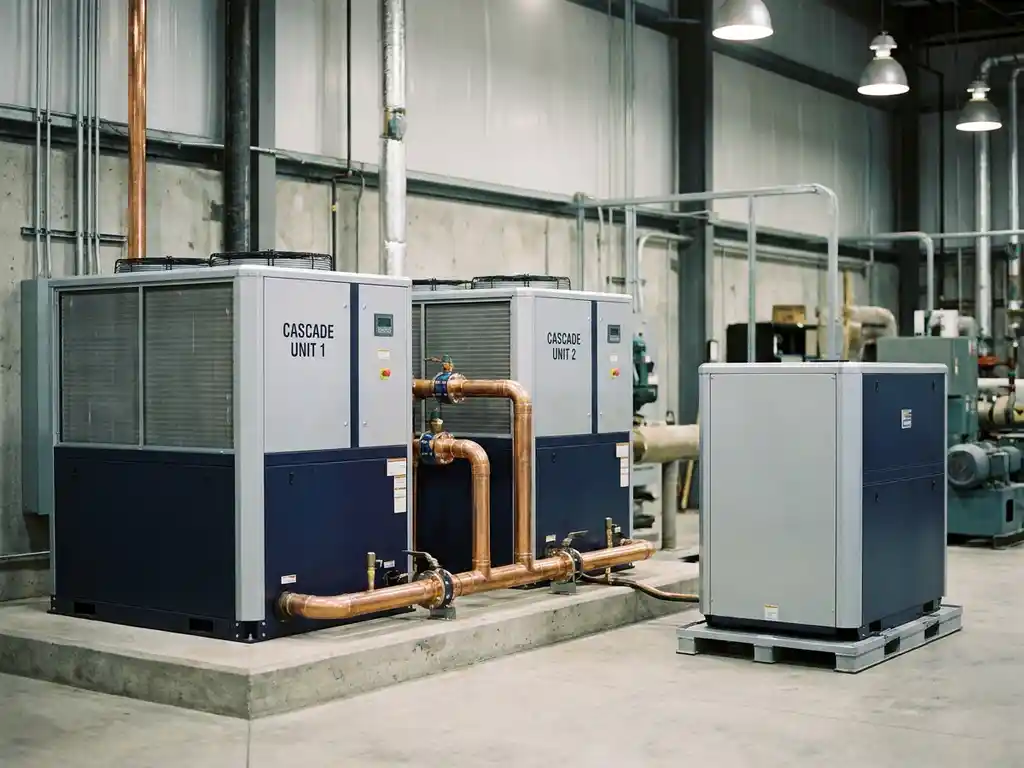 Zwei Industrie-Wärmepumpen in Kaskadenschaltung mit Kupferrohren in einem Maschinenraum, dritte Einzeleinheit daneben.