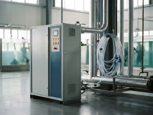 Kompakte Sauerstoffanlage in Industriehalle mit Stahlrohrverteiler, medizinischen Schläuchen und Aquakultur-Becken im Hintergrund.