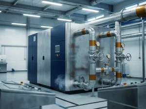 Industrielle Sauerstoffanlage an Druckluftleitung in Fabrikhalle mit Manometern, Stahlventilen und Gasaustritt an der Ausgabedüse.