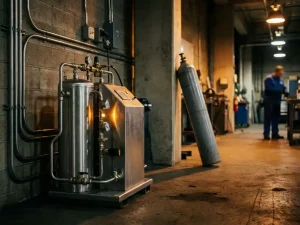 Kompakte Sauerstoffanlage in Industriehalle mit Stahlrohren, Druckmessern und einer leeren Gasflasche im Hintergrund.