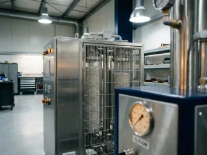 PSA-Sauerstoffgenerator mit Molekularsiebsäulen und Durchflussmesser in einer sauberen Industrieanlage aus Edelstahl.