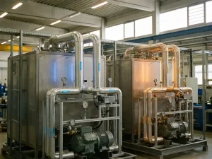 Zwei industrielle Gasgeneratoren nebeneinander in einer Fabrikhalle, einer für Stickstoff in Blau, der andere für Sauerstoff in Bernstein.