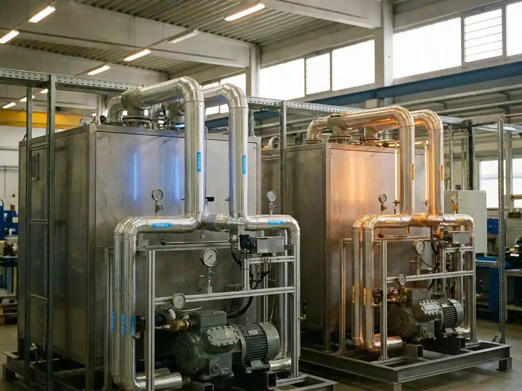 Zwei industrielle Gasgeneratoren nebeneinander in einer Fabrikhalle, einer für Stickstoff in Blau, der andere für Sauerstoff in Bernstein.