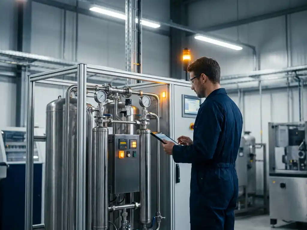 Kompakter Stickstoffgenerator in Industrieanlage mit Edelstahlrohren, Druckmessgeräten und beobachtendem Techniker.