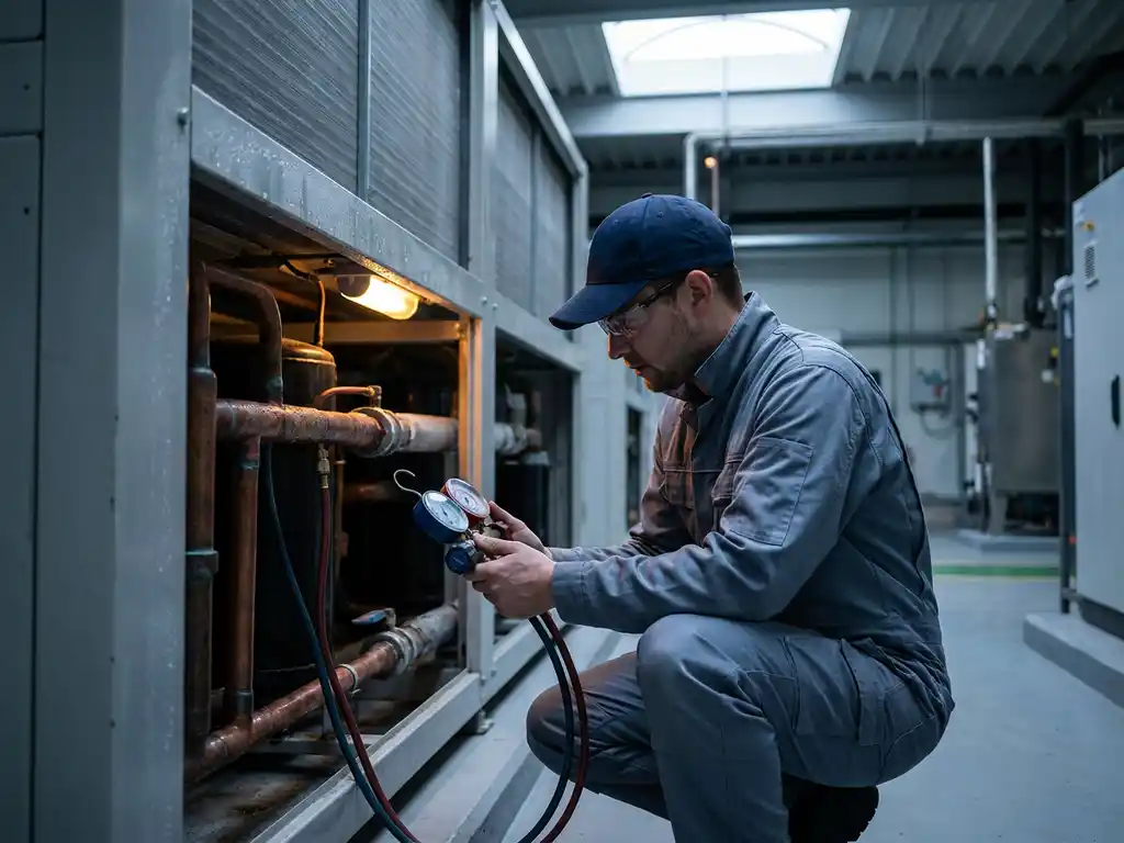 Techniker in Arbeitsoverall prüft Kältemittelleitungen einer Industrie-Wärmepumpe mit Manometer in der Hand.